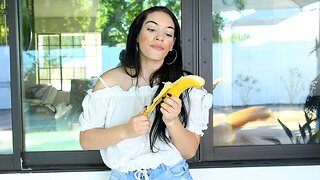 Gorgeous Violet enjoys while pleasuring mortal physically with a banana